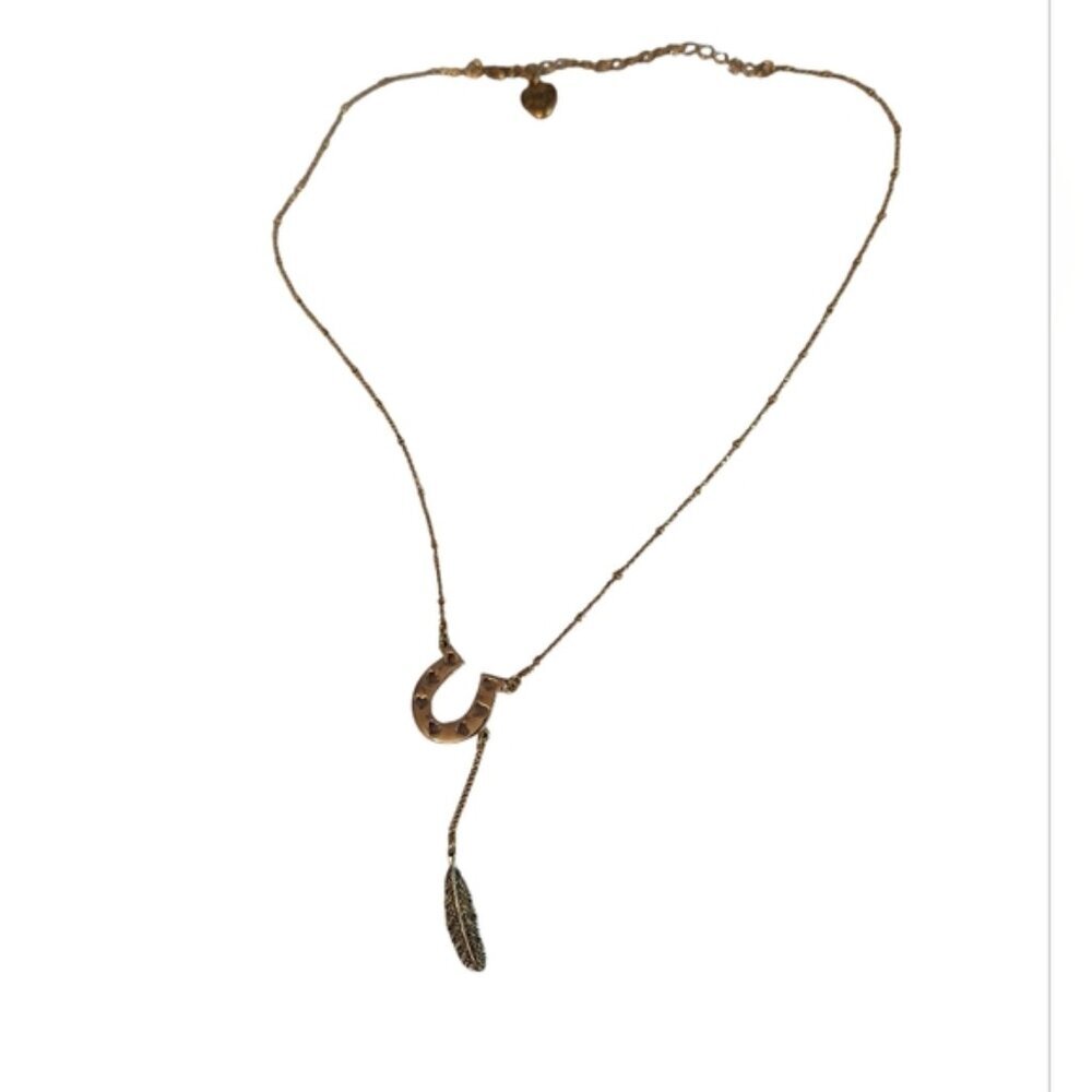 Betsey Johnson gold toned horseshoe feather necklace Cowgirl Western Whimsical